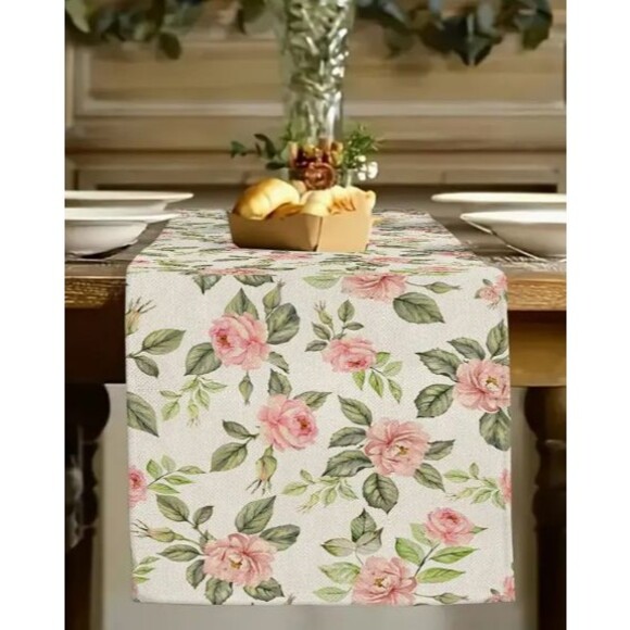 Table Runner 13x72in Linen Rose Pattern Floral Spring - Picture 3 of 3